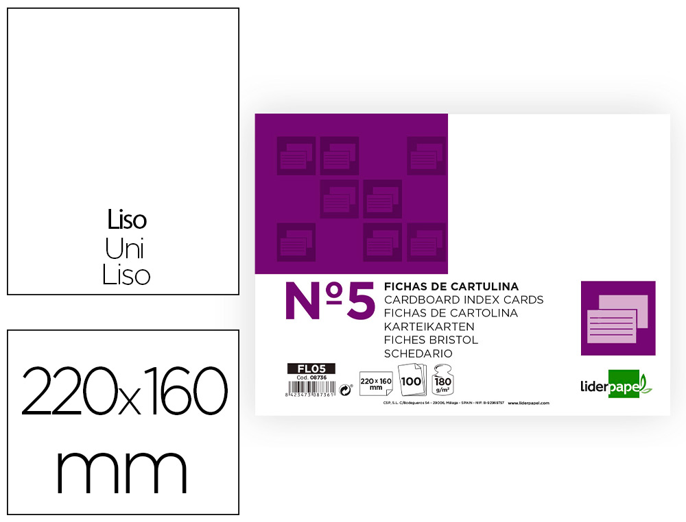 FICHA LIDERPAPEL LISA N5 160X220MM PAQUETE DE 100 180G