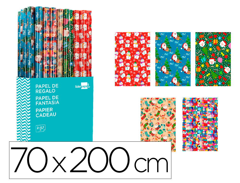 PAPEL DE REGALO LIDERPAPEL NAVIDAD ROLLO ANCHO 70 CM LONGITUD 2 M SURTIDO B MODELOS SURTIDOS GRAMAJE 60 GR