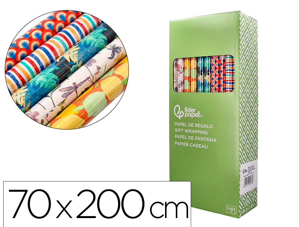 PAPEL DE REGALO LIDERPAPEL TODO AÑO ROLLO ANCHO 70 CM LONGITUD 2 MT GRAMAJE 60 GR DISEÑOS SURTIDOS B-2025