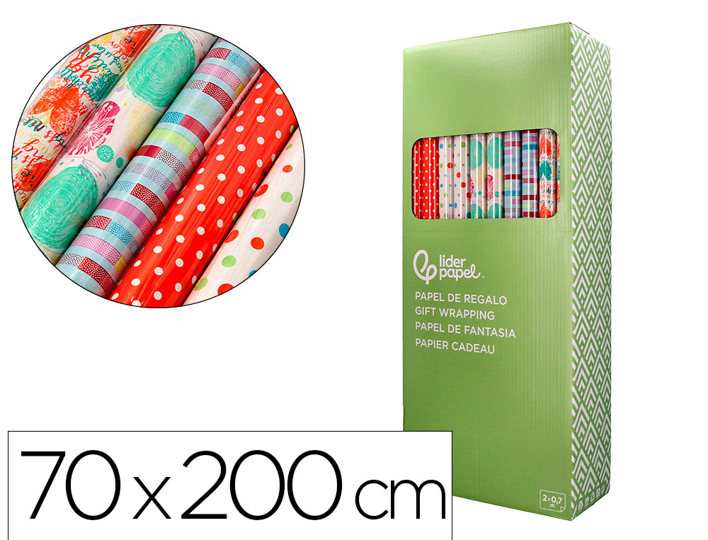 PAPEL DE REGALO LIDERPAPEL TODO AÑO ROLLO ANCHO 70 CM LONGITUD 2 MT GRAMAJE 60 GR DISEÑOS SURTIDOS C-2025