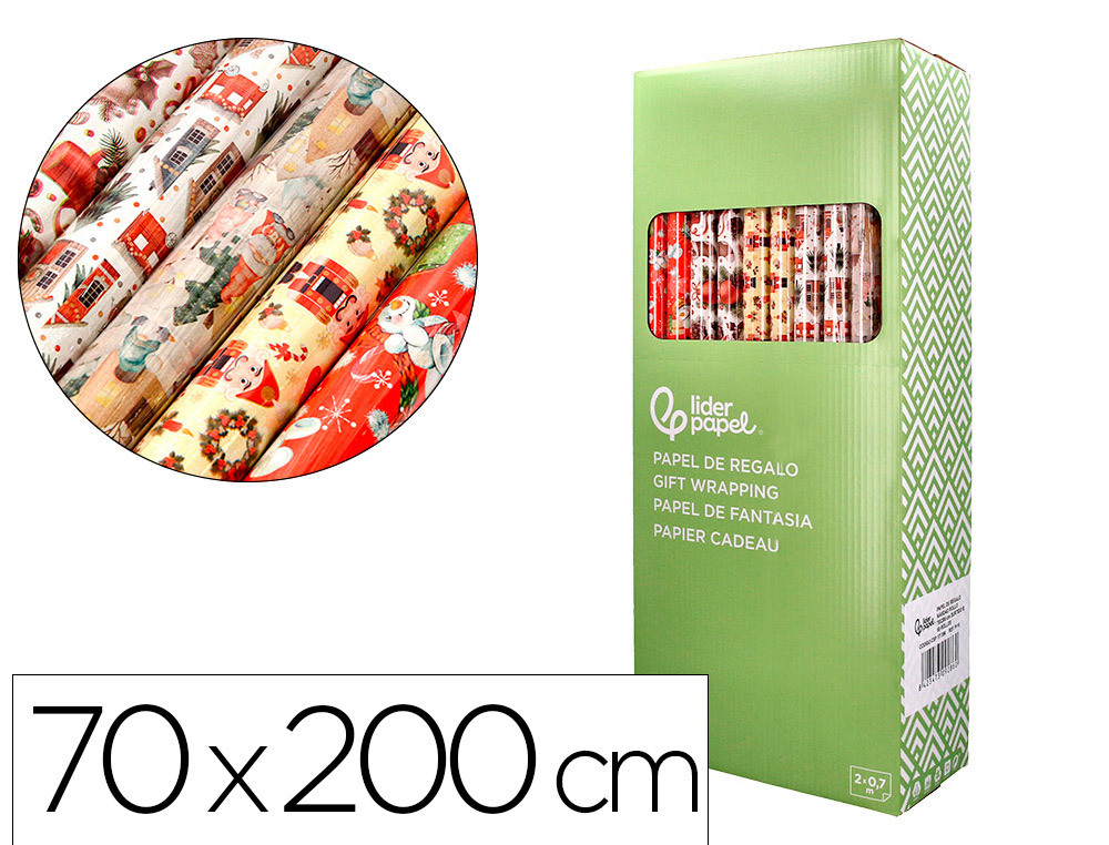 PAPEL DE REGALO LIDERPAPEL NAVIDAD ROLLO ANCHO 70 CM LONGITUD 2 MT GRAMAJE 60 GR DISEÑOS SURTIDOS B-2025