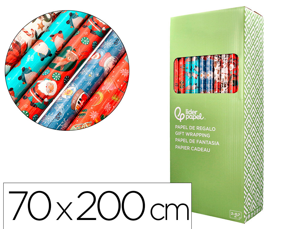 PAPEL DE REGALO LIDERPAPEL NAVIDAD ROLLO ANCHO 70 CM LONGITUD 2 MT GRAMAJE 60 GR DISEÑOS SURTIDOS C-2025