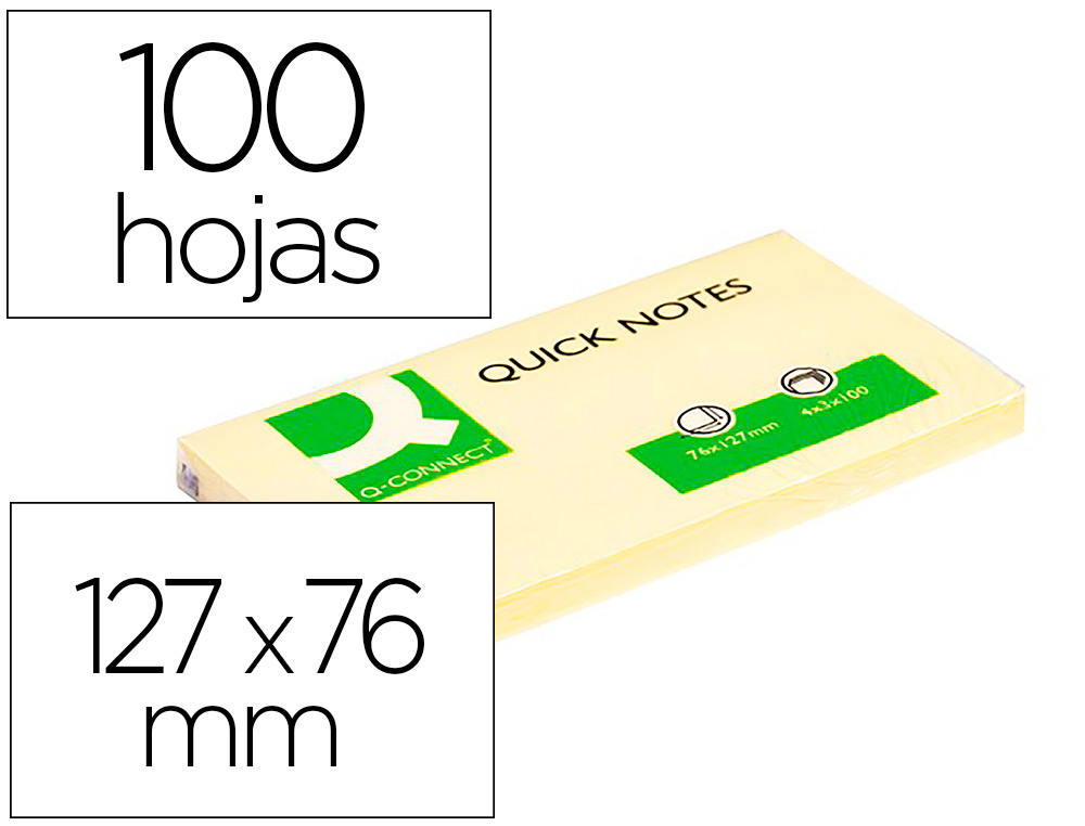 BLOC DE NOTAS ADHESIVAS QUITA Y PON Q-CONNECT 76X127 MM CON 100 HOJAS