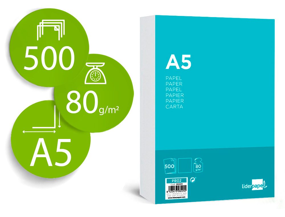 PAPEL LIDERPAPEL A5 80G/M2 LISO PAQUETE DE 500 HOJAS