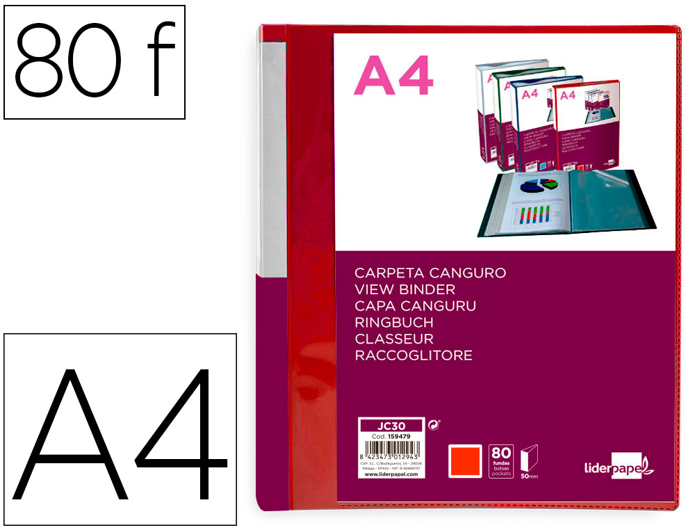 CARPETA LIDERPAPEL 80 FUNDAS CANGURO PP DIN A4 ROJO TRANSLUCIDO PORTADA Y LOMO PERSONALIZABLE