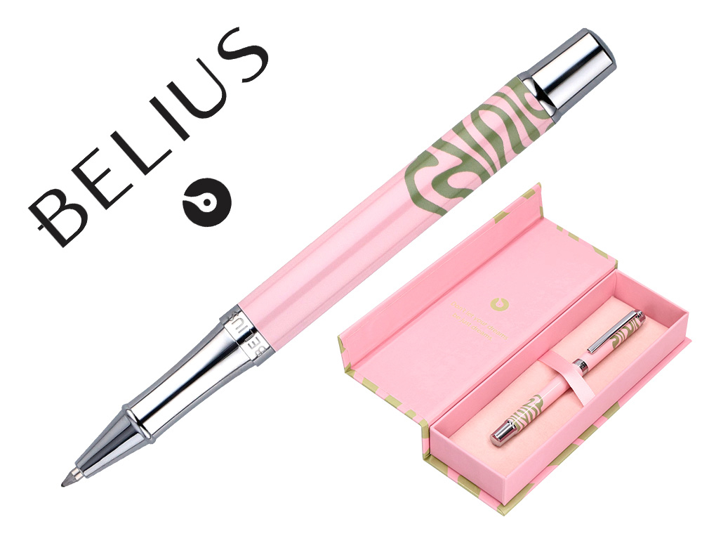 ROLLER BELIUS INK DREAMS ALUMINIO COLOR ROSA Y VERDE MATCHA PLATEADO FRASE INTERIOR TINTA NEGRA CAJA DE DISEO