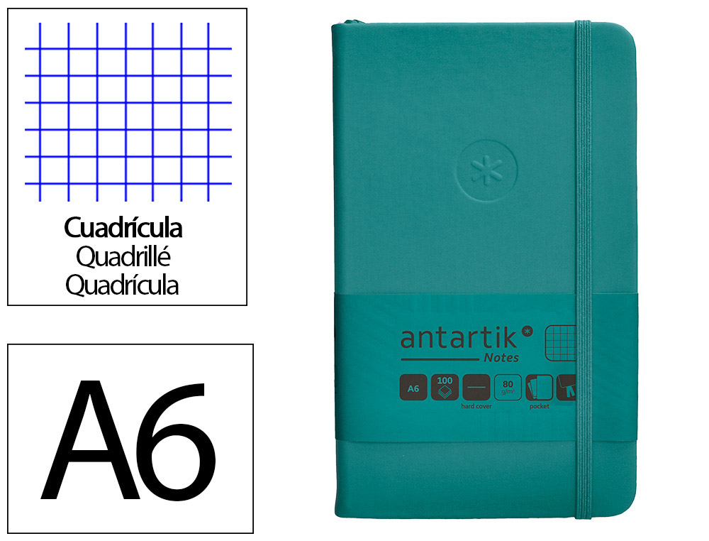 CUADERNO CON GOMILLA ANTARTIK NOTES TAPA DURA A6 HOJAS CUADRICULA VERDE AGUAMARINA 100 HOJAS 80 GR