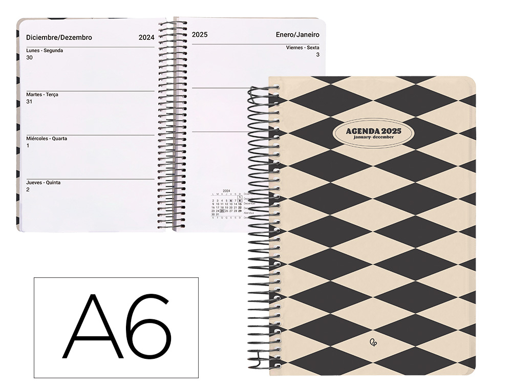 AGENDA ESPIRAL LIDERPAPEL CLASSIC A6 2025 SEMANA VISTA COLOR BLANCO Y NEGRO 1 PAPEL 70 GR