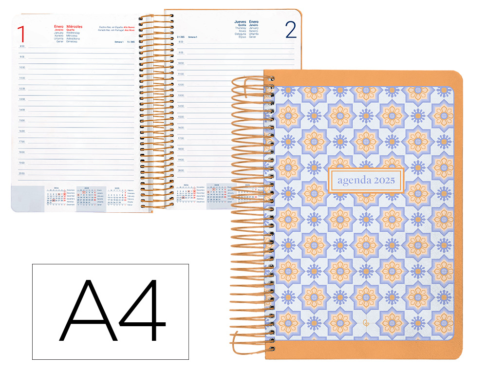 AGENDA ESPIRAL LIDERPAPEL PERISSA A4 2025 DIA PAGINA COLOR NARANJA PAPEL 80 GR