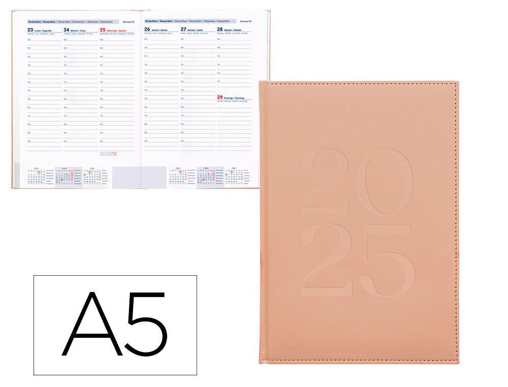 AGENDA ENCUADERNADA LIDERPAPEL CRETA A5 2025 SEMANA VISTA COLOR ROSA NUDE PAPEL 70 GR