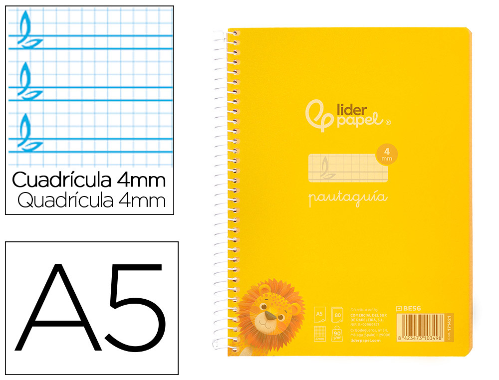 CUADERNO ESPIRAL LIDERPAPEL DIN A5 PAUTAGUIA TAPA PLASTICO 80H 90GR CUADRO PAUTADO 4MM CON MARGEN COLOR AMARILLO