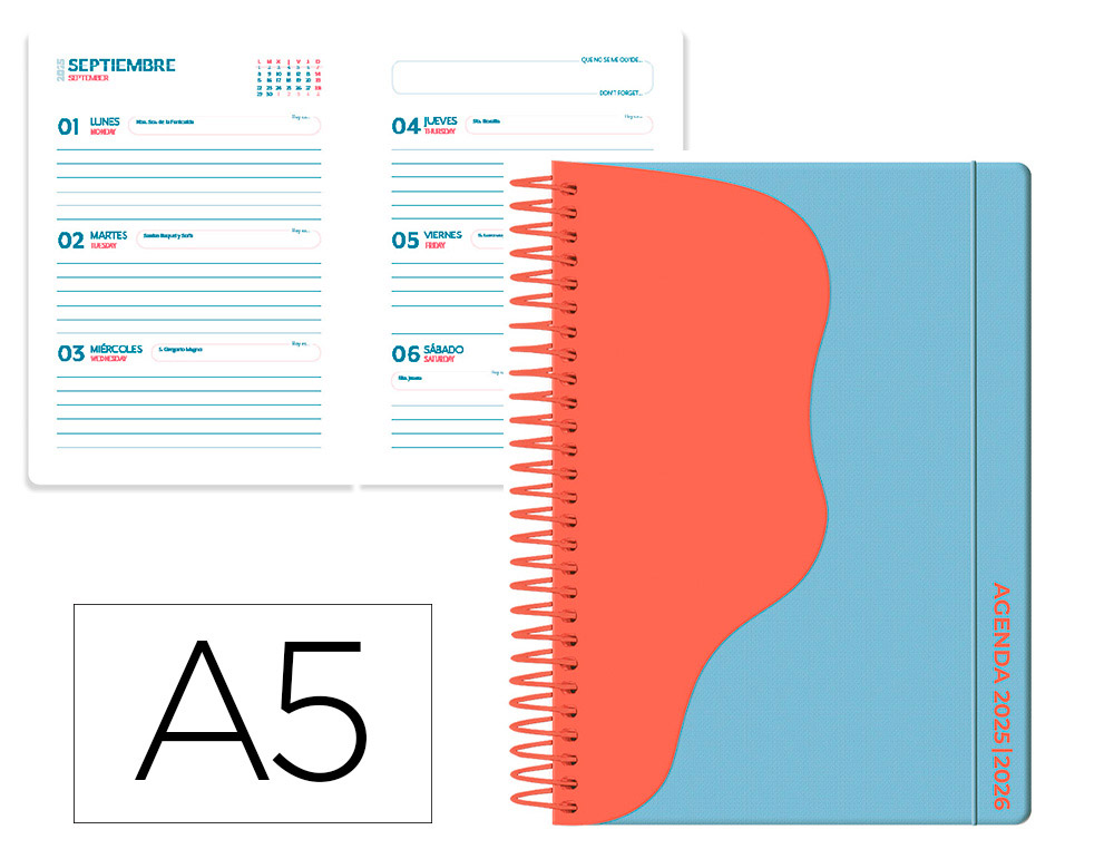 AGENDA ESCOLAR LIDERPAPEL 25-26 ESPIRAL WAVES AZUL SEMANA VISTA A5 BILINGE PAPEL FSC 80 GR