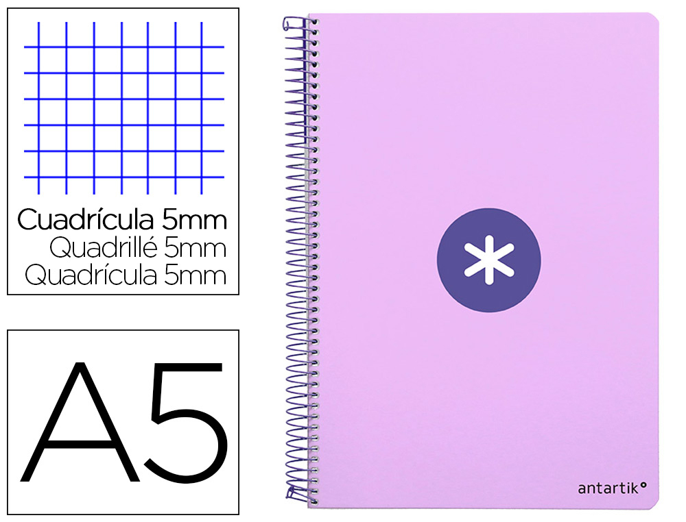 CUADERNO ESPIRAL LIDERPAPEL A5 ANTARTIK TAPA DURA 80H 100 GR CUADRO 5MM COLOR LAVANDA