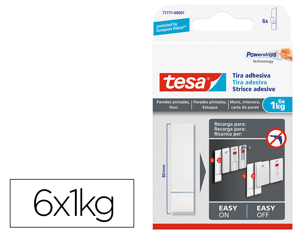 TIRA AUTOADHESIVA TESA DOBLE CARA POWERSTRING TRANSPARENTE SUJECION HASTA 1 KG RECAMBIO BLISTER DE 6 UNIDADES