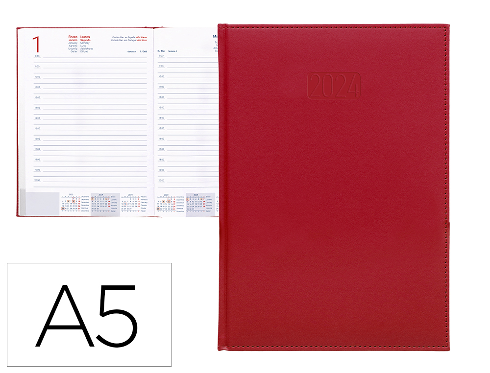 AGENDA ENCUADERNADA LIDERPAPEL CRETA 15X21 CM 2024 DIA PAGINA COLOR ROJO PAPEL 70 GR