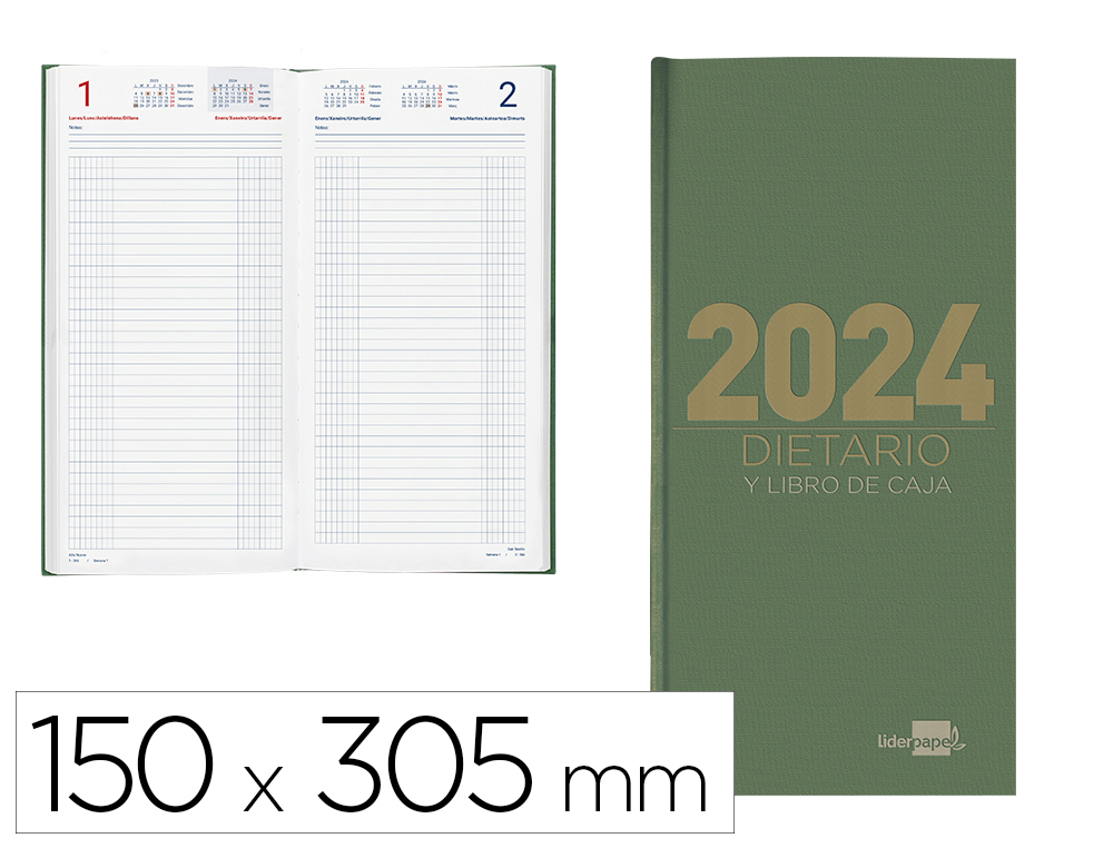 DIETARIO LIDERPAPEL 15X30,5CM 2024 DOS TERCIOS COLOR VERDE PAPEL 70 GR