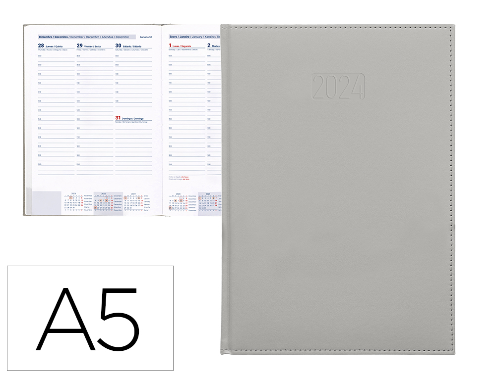 AGENDA ENCUADERNADA LIDERPAPEL CRETA 15X21 CM 2024 SEMANA VISTA COLOR GRIS PAPEL 70 GR