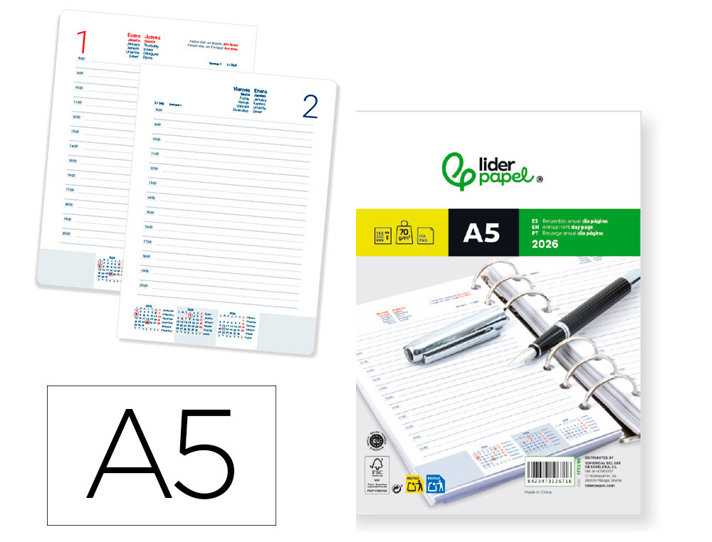 RECAMBIO AGENDA ANILLAS LIDERPAPEL 148X205 MM DIN A5 2026 DIA PAGINA PAPEL 70 GR