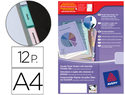 SEPARADOR AVERY POLIPROPILENO DIN A4+ CON 12 PESTAAS PERSONALIZABLES